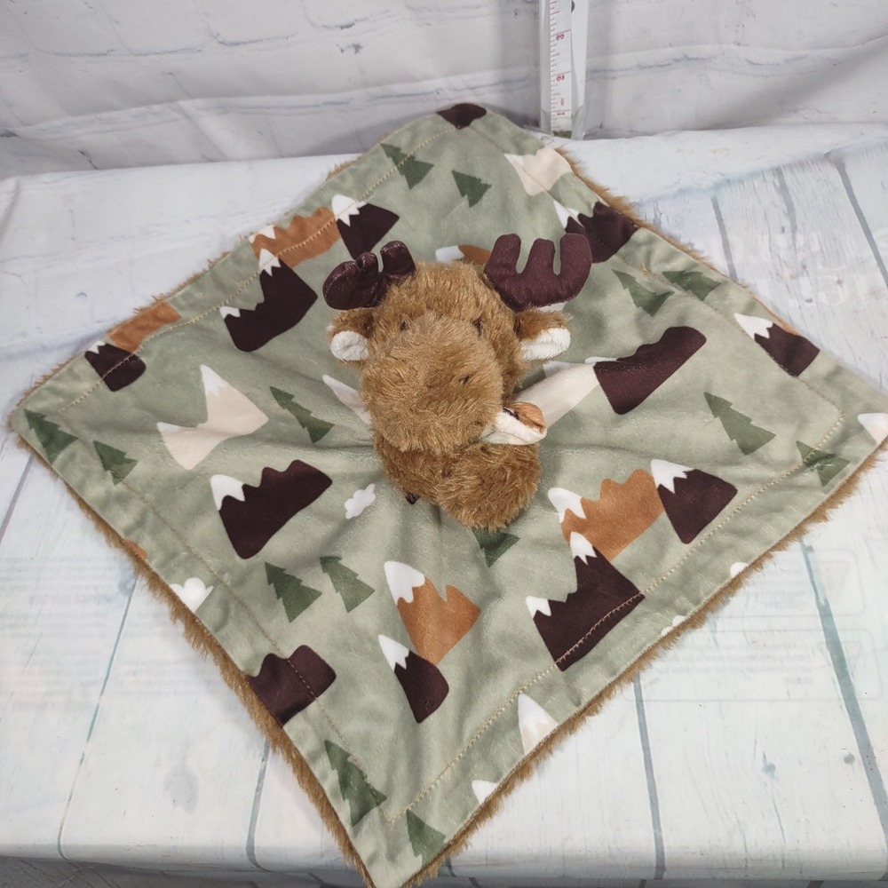 Baby Essentials Moose Lovey Security Blanket Green Tan Brown White Mountains